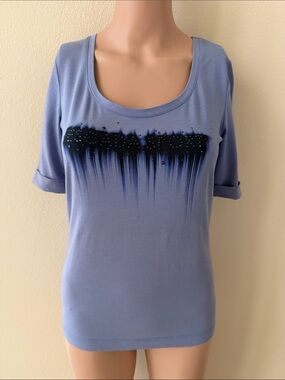 Escada Powder Blue Scoop Neck Tee with Black Bead Drip